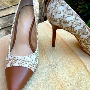 Lauren Ralph Lauren Beige Canvas and Brown Pointed-Toe Stiletto Pumps